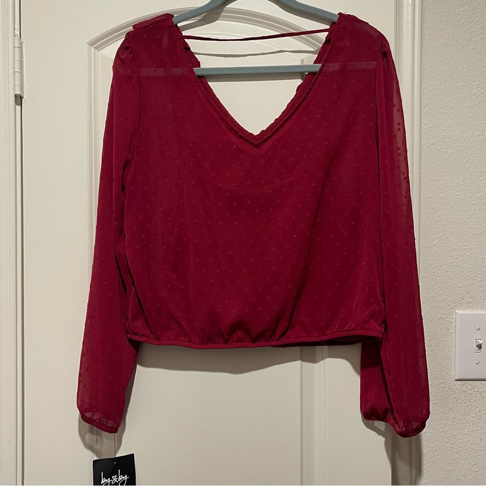 by & by Deep Red Ruffle V-Neck Blouse - Picture 2 of 6